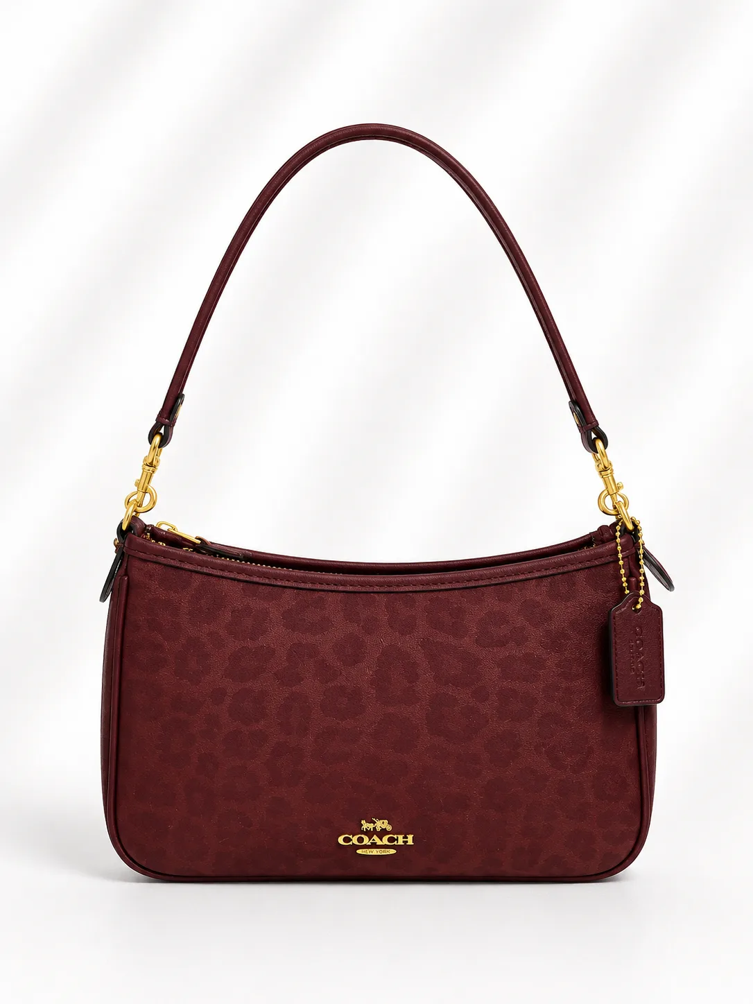 Coach top-handle pochette with charm chain (leopard) in Wine/Burgundy leopard print