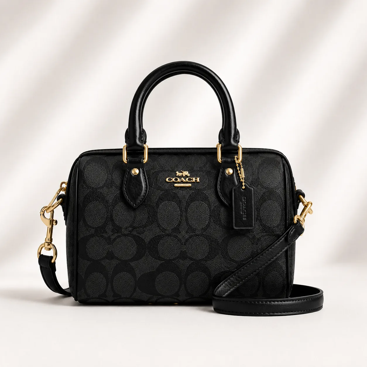 Coach Rowan Satchel in Signature Leather (patent embossed) in Black