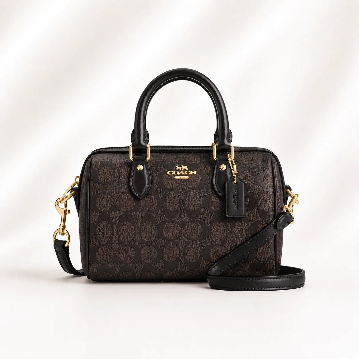 Coach Rowan Satchel in Signature Leather (patent embossed) in Brown / Black